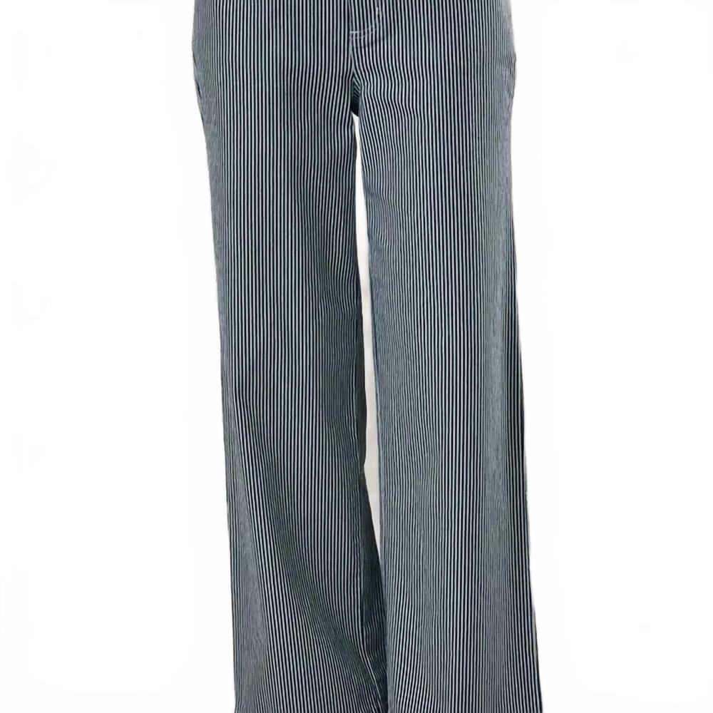 NEW LE LIS women's straight leg twill pants in indigo white stripe